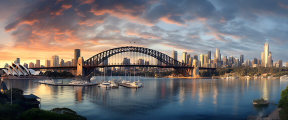 Panorama of Sydney Harbour Bridge and Sydney Opera House at sunset