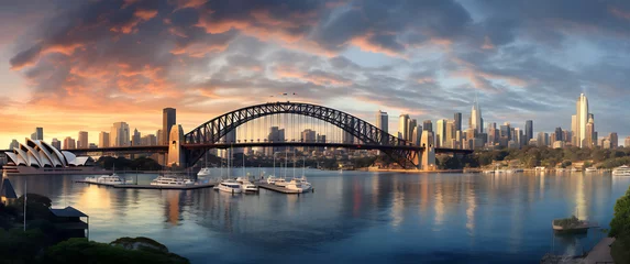 Fototapete Sydney Harbour Bridge Panorama of Sydney Harbour Bridge and Sydney Opera House at sunset