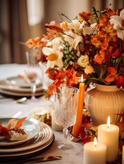 Beautiful fall table setting, autumn dinner table decoration with flowers and candles, holiday event decor in orange and yellow colors