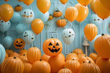 Halloween haunted house scary costume party with creepy horror baloons and pumpkins decoration