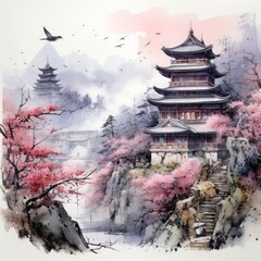 Fototapeta premium Color Ink Painting of Japan Mountain Temple with Cherry Blossoms and Three Swallows