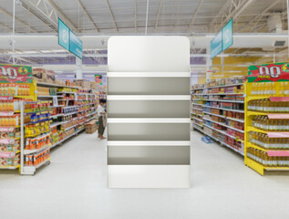 Super market end cap shelf display 3d illustration. Header, Footer and shelf strip. - obrazy, fototapety, plakaty