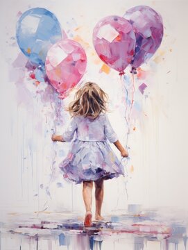 Little girl with balloons on a seashore wall art poster in abstract impressionism oil painting style