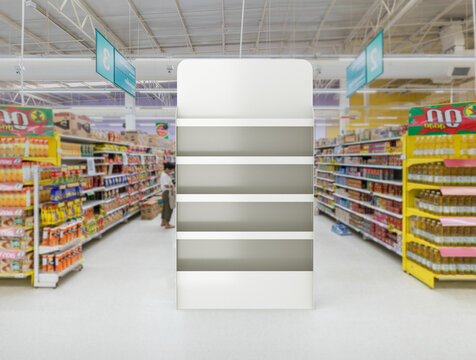 Super Market End Cap Shelf Display 3d Illustration. Header, Footer And Shelf Strip.