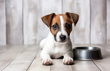 Cute dog eats the food from his plate on the floor, home pet feeding concept