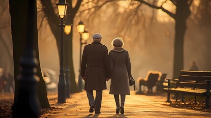 Old couple are walking by hand from behind in the park, Generative AI
