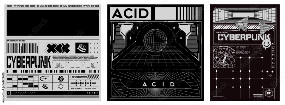 Poster retro futuristic posters with 3d wireframes of spheres and torus. abstract future poster. cyberpunk 