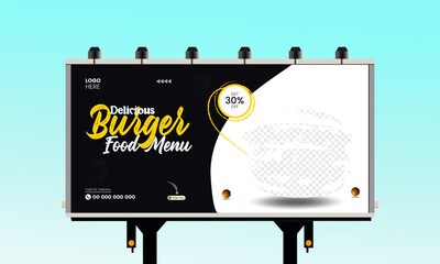 Fast food restaurant menu social media marketing web banner template design. Pizza, burger & healthy food business online promotion flyer with abstract background, logo & icon.