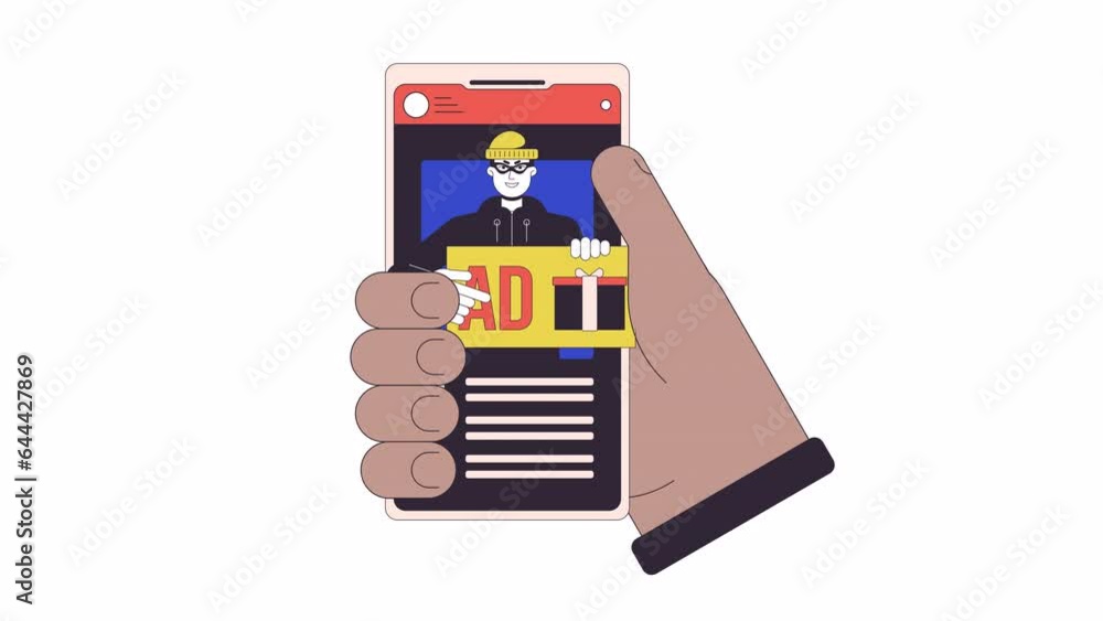 Poster hand holding phone with click fraud line 2d animation. getting advertisement from cybercriminal 4k v