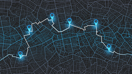 GPS navigator screen with street roads and location, few destination points. City top view. Online navigation. Flat style, Vector, illustration isolated. Urban highway plan, final destination