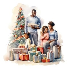 Obraz na płótnie Canvas Watercolor Art of a Black Family's Christmas Tree Adorned with Meticulously Wrapped Presents
