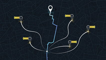 GPS navigator screen. Geometric element, online navigation. Time to destination. Location tracks dashboard. Path turns and destination tags or mark. Huge city top view. vector, vector illustration