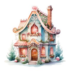 Fototapeta premium Gingerbread house Watercolor Cartoon Style Christmas Day
