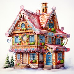 Naklejka premium Gingerbread house Watercolor Cartoon Style Christmas Day