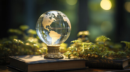 Glass world globe surrounded by nature. International Law and Environment Law. . Law for global economic regulation aligned with the principles of sustainable environmental conservation.