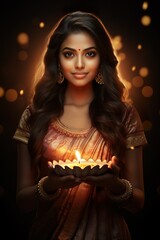 Obraz na płótnie Canvas lantern Diwali celebration concept beautiful Indian woman in traditional Indian dress holding Diya Lamp