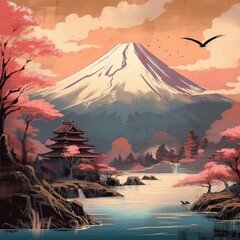 Japanese Painting Watercolour of a Japanese Mountain
