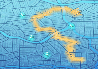 Isometric Gps map navigation to own house. City top view. View from above the map. Detailed view of city. Decorative graphic tourist map. Abstract transportation background. Vector, illustration.