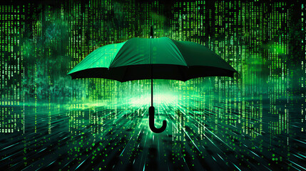 Storm of binary rain safeguarded by a cybersecurity umbrella, - obrazy, fototapety, plakaty