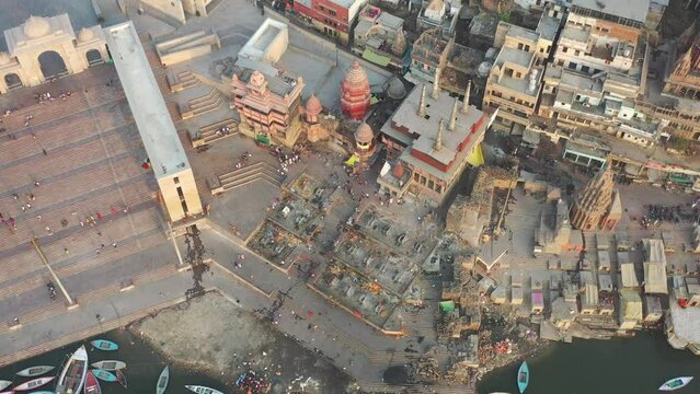 Aerial view of Varanasi, the spiritual capital of India and Ghats in Varanasi at Ganges river in Varanasi, Uttar Pradesh, India.