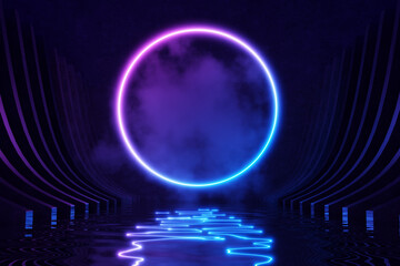 Neon lights Abstract background Round portal Glowing lines Tunnel Virtual reality Arch Laser show. 3d render.