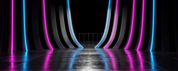Neon portal Neon lights Concrete background Luminous lines Tunnel Virtual reality arch Laser show. 3D rendering. © Alexander