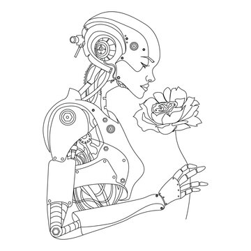 Woman cyborg or robot with AI holding a live flower in her hand and smelling it.Robotic lady with Beautiful face Line art drawing. AI technology concept. Future technology vector outline illustration