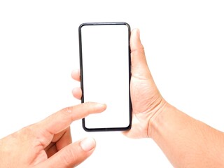 Male hands holding white screen and playing cell phone with two hands on white background Business concept.