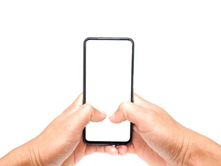 Male hands holding white screen and playing cell phone with two hands on white background Business concept.