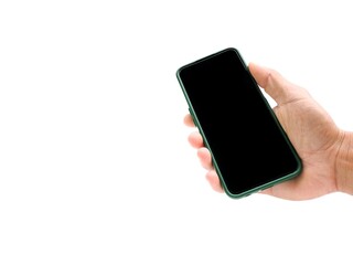 Male hand holding a black screen on a white background Business concept.
