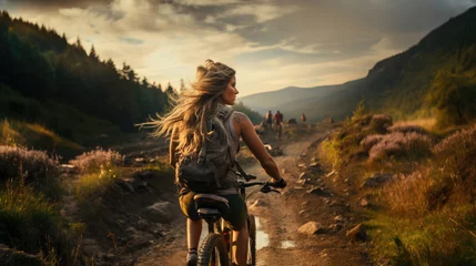 Foto op Canvas Generative ai illustration of Young woman riding a mountainbike © pbombaert