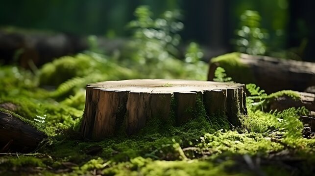 Tree stump wooden cut with green moss in the forest. Nature background. High quality photo
