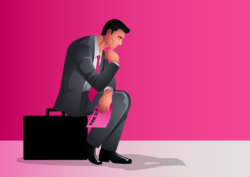 Businessman lost in deep contemplation. He sits on a briefcase while holding a pink slip a symbol of potential job loss or change, emotions of uncertainty, career transitions, and job security