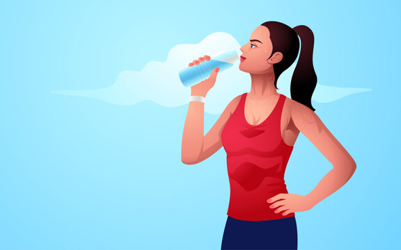 Illustration of an attractive young woman drinking water after a workout. Refresh and rejuvenate, fitness, wellness, self-care, healthy habits, active lifestyle, and the importance of staying hydrated