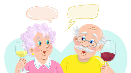 Cute couple of adult man and woman with glasses of wine in their hands. Picture in cartoon style with speech bubbles. Isolated on white background. Vector flat illustration.