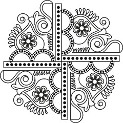 Indian Traditional and Cultural Rangoli, Alpona, Kolam, or Paisley vector line art. Bengal art India. for textile printing, logo, wallpaper	