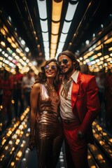 A candid shot of a couple dressed in iconic 1970s disco fashion. Their disco-inspired outfits and carefree expressions capture the spirit of the era. Generative Ai