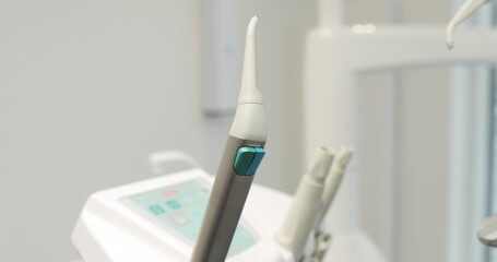 Tools and equipment for dental treatment in a dental clinic. Close-up of the dentist's workplace.