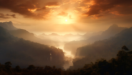 Sunrise over the misty valley with waterfalls