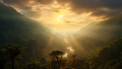 Sunset in the mountains with palm trees and misty river