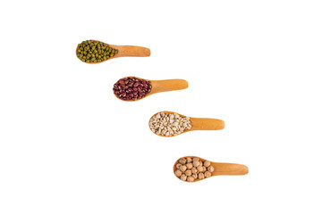 Mung beans, Red kidney beans, Chickpeas source and peeled barley in spoon wooden isolated on transparent background