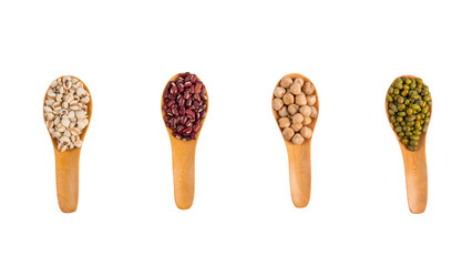 Mung beans, Red kidney beans, Chickpeas source and peeled barley in spoon wooden isolated on transparent background