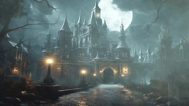 Night scene with scary old gothic architecture castle with Cartoon or anime illustration style
