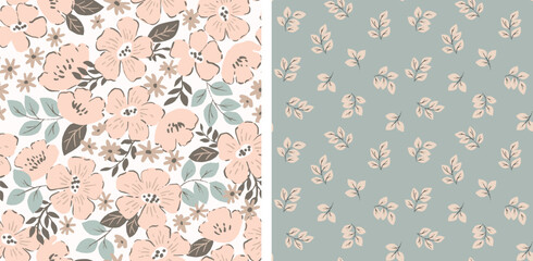 Hand drawn romantic flowers, Japanese double pattern set. Pastel pink tones, seamless illustrations. Romantic pattern for stationery, posters, cards, nursery, apparel, scrapbooking.