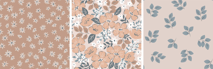 Hand drawn peachy flowers, seamless pattern. Doodle pastel spring theme. Blossom garden feminine illustration.