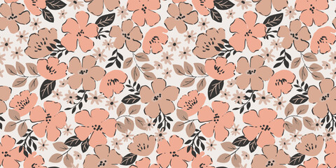 Doodle pink flowers, seamless pattern. Japanese pastel spring theme. Blossom meadow romantic illustration.