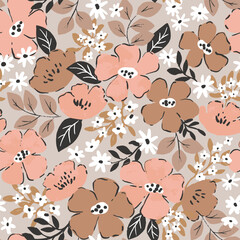 Hand drawn pink flowers, seamless pattern. Doodle pastel spring theme. Garden botanical romantic illustration. - 644430243