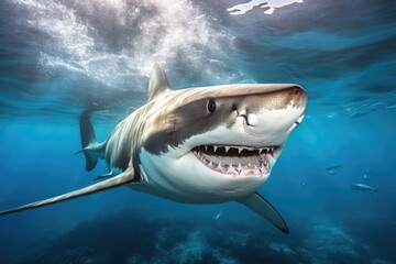 Formidable toothy shark swimming in the background of the ocean, close-up.