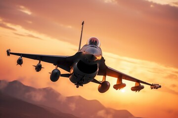 Silhouette of an F-16 fighter plane flying against the sunset, close-up.