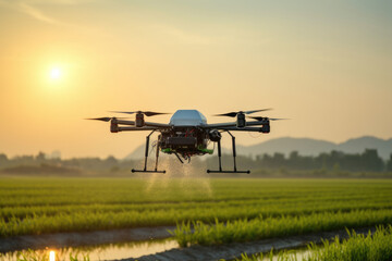 Agricultural quadcopter irrigates farmland against the backdrop of dawn.